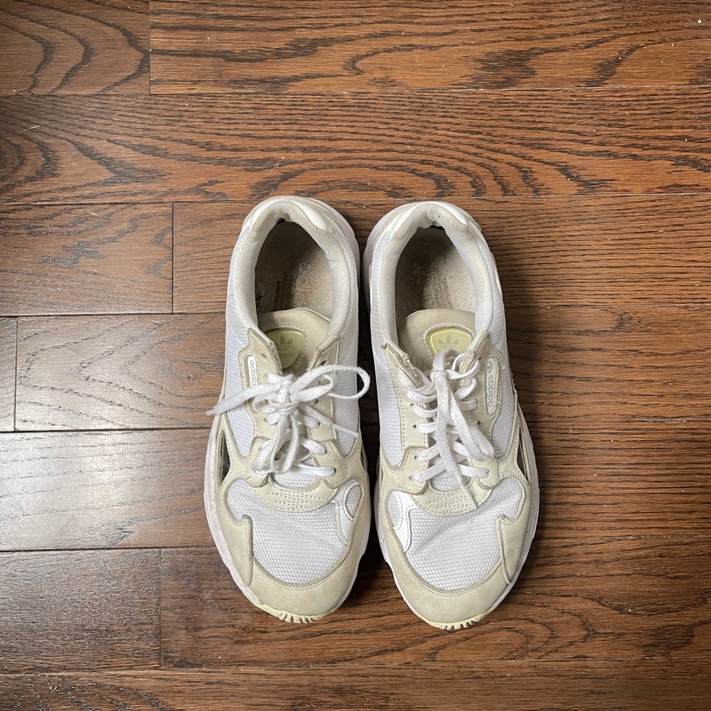 White Adidas low-top Falcon sneakers, fits 9-9.5, very good condition